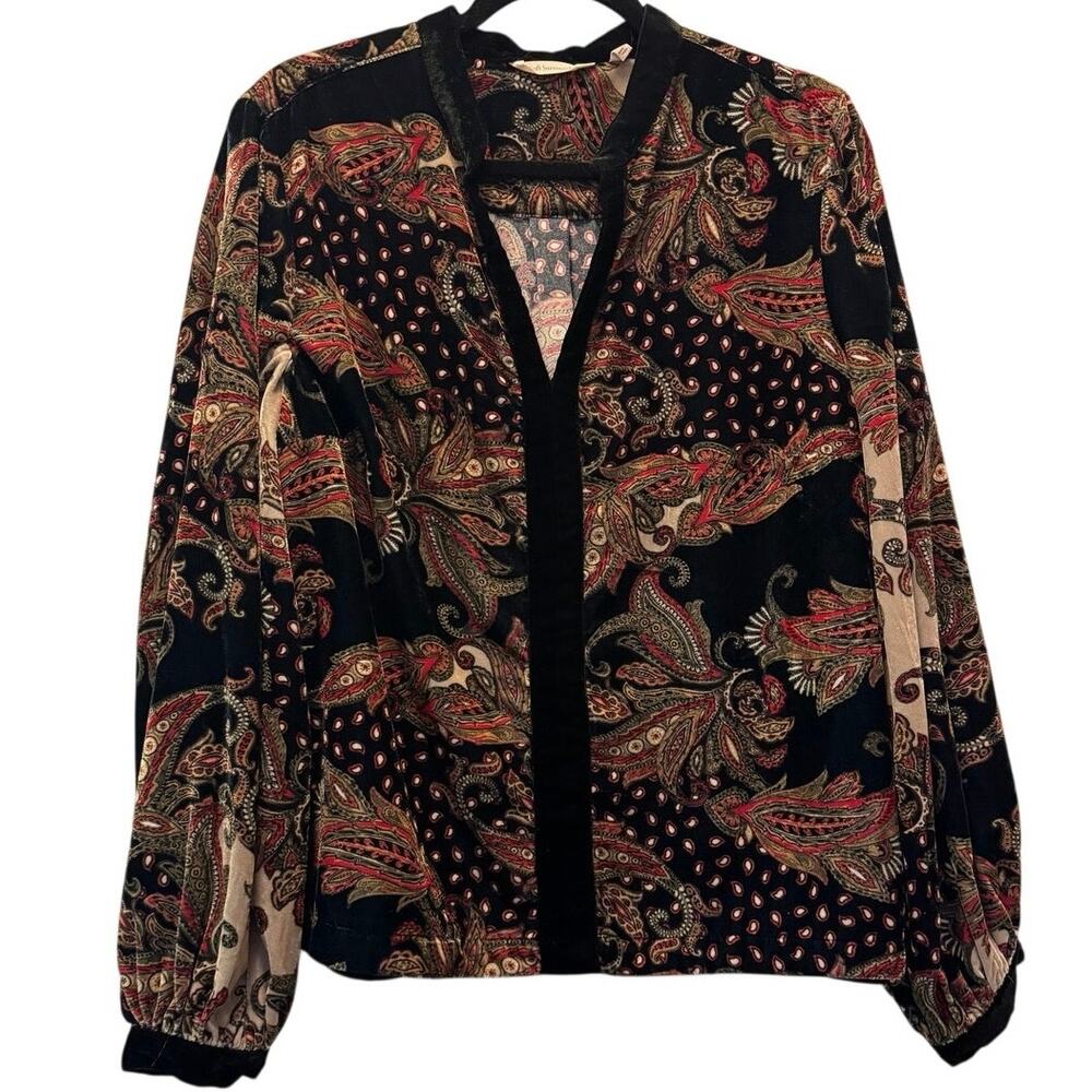 Soft Surroundings Womens Tunic Blouse Velvet Multi Paisley V-Neck Tops Sz Large